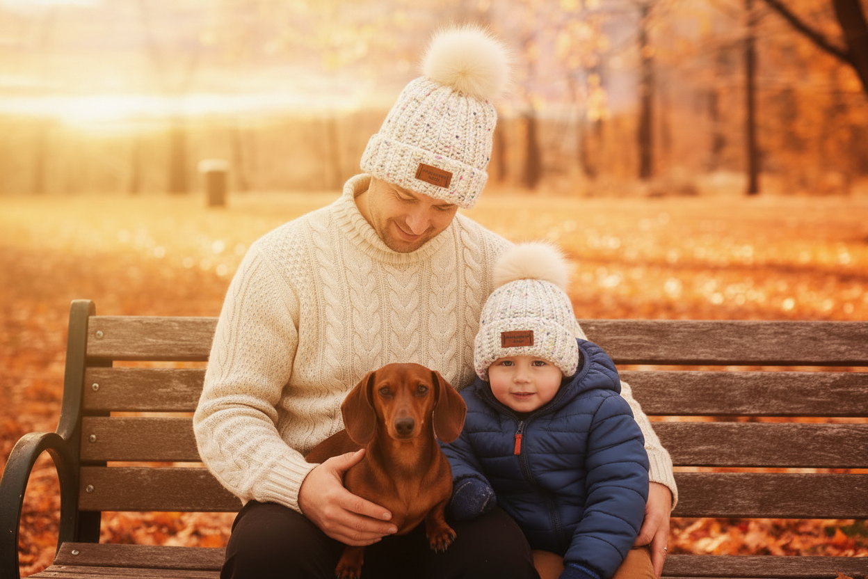 Adult and child in matching Fruit Salad beanies at sunset with dachshund