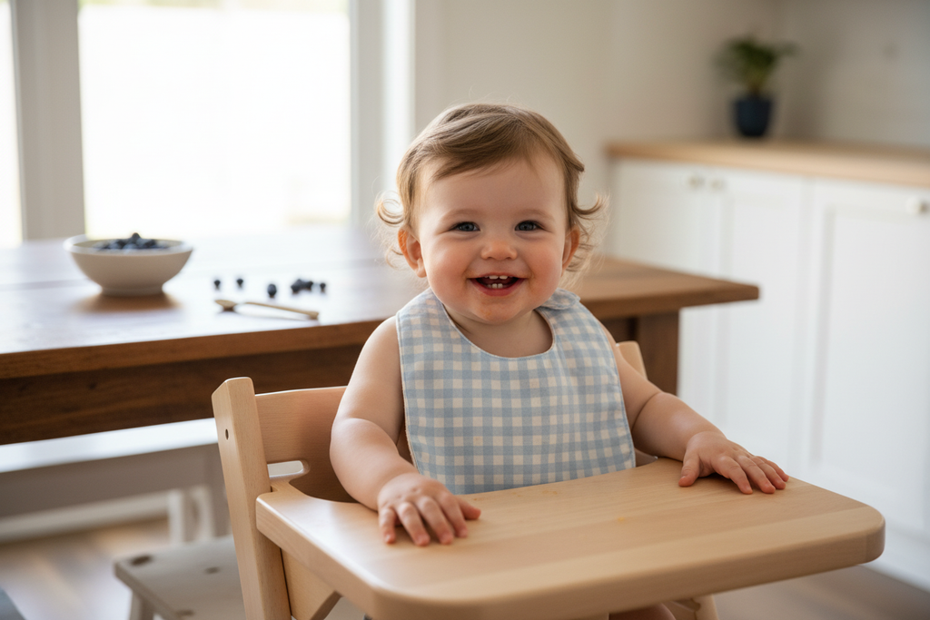 Baby in high chair with gingham bib