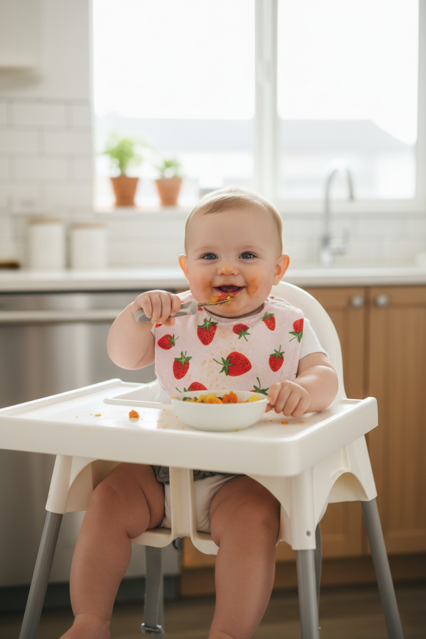 Baby in high chair with strawberry bib