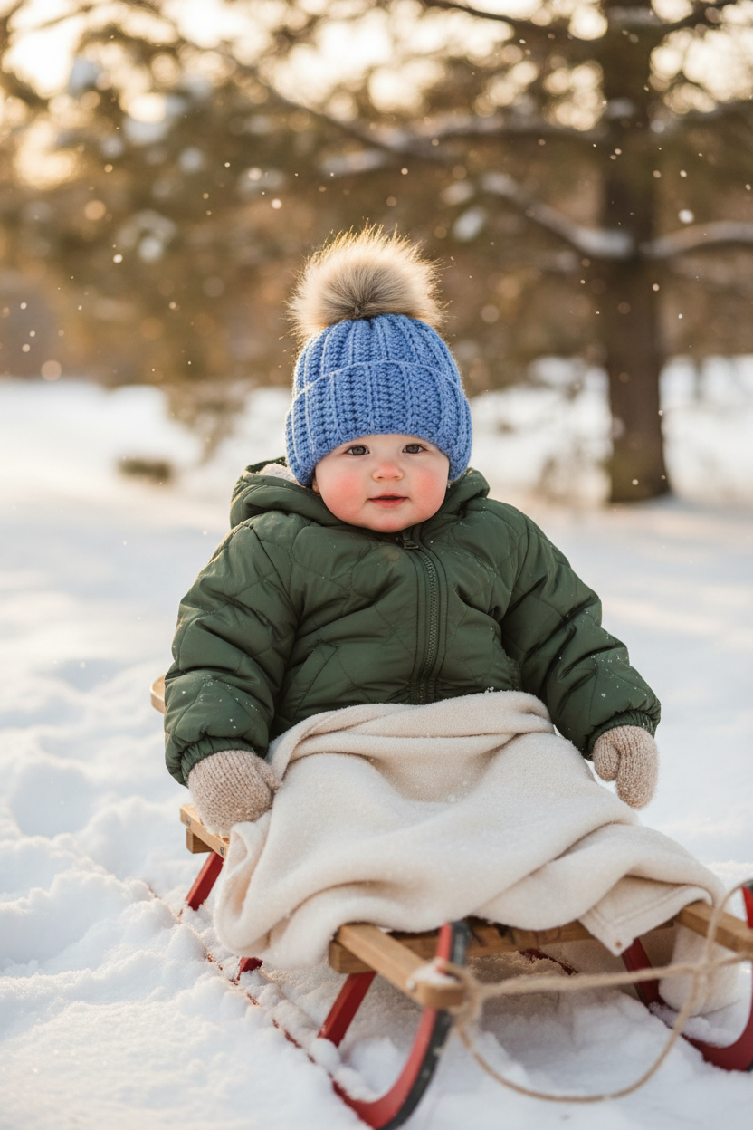 Baby in sled wearing blue beanie