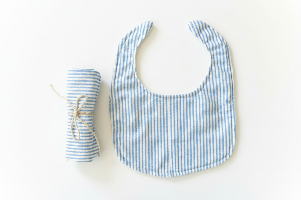 Blue Striped Bib with Rolled Burp Cloth
