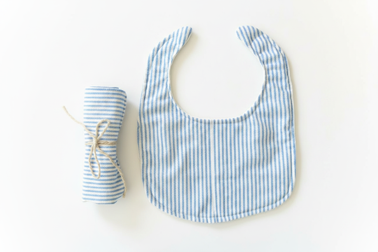 Blue Striped Bib with Rolled Burp Cloth