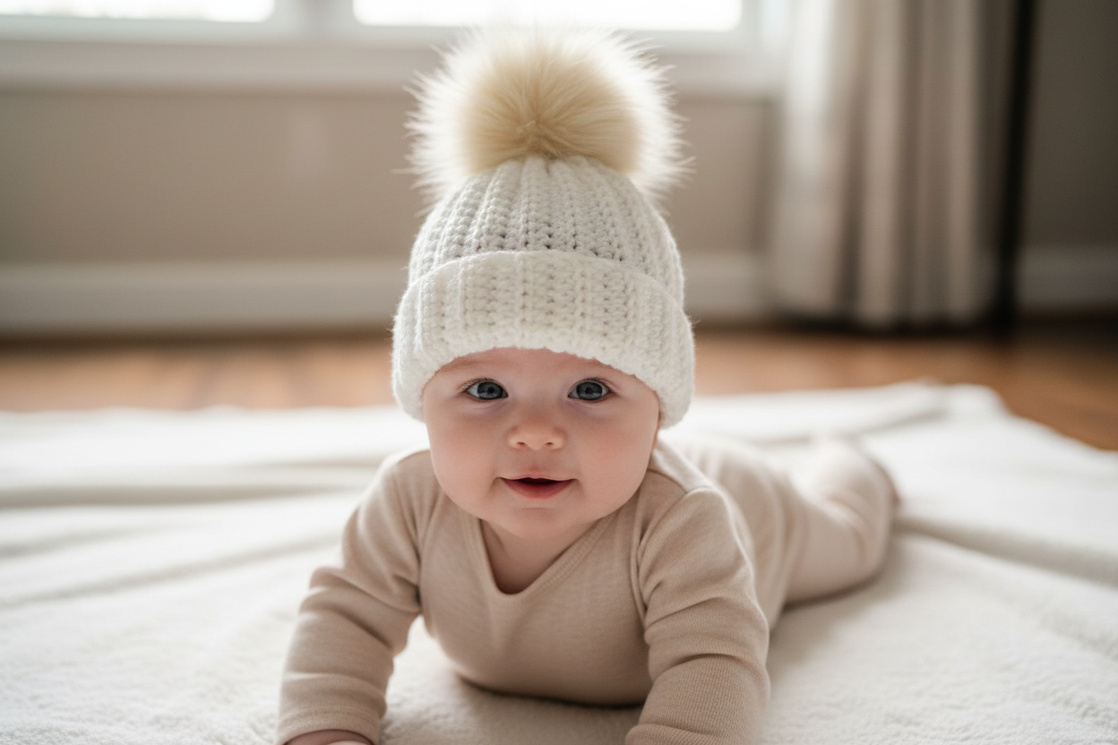 Cream beanie on clothed baby