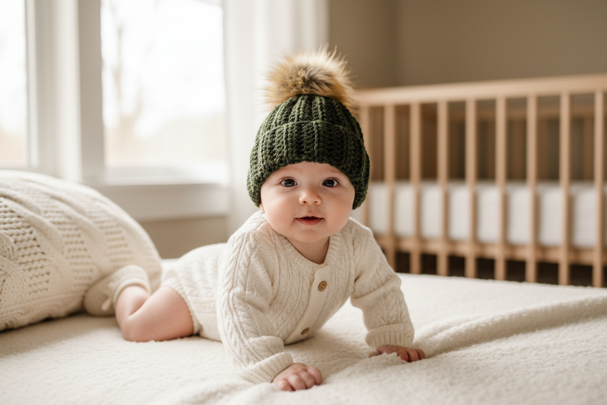 Dark olive baby beanie on clothed baby