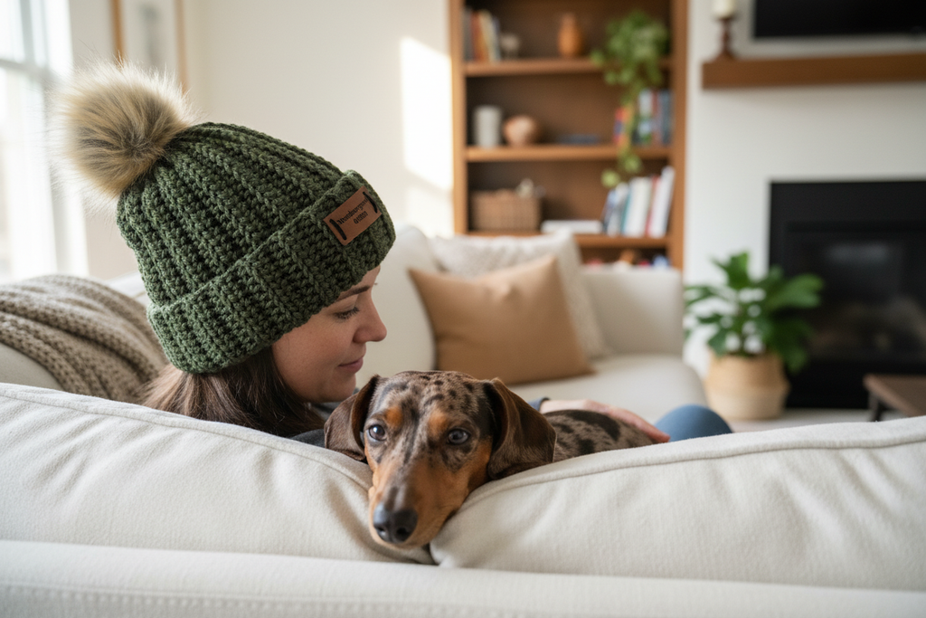 Dark olive NBPT beanie adult on couch with dapple dachshund
