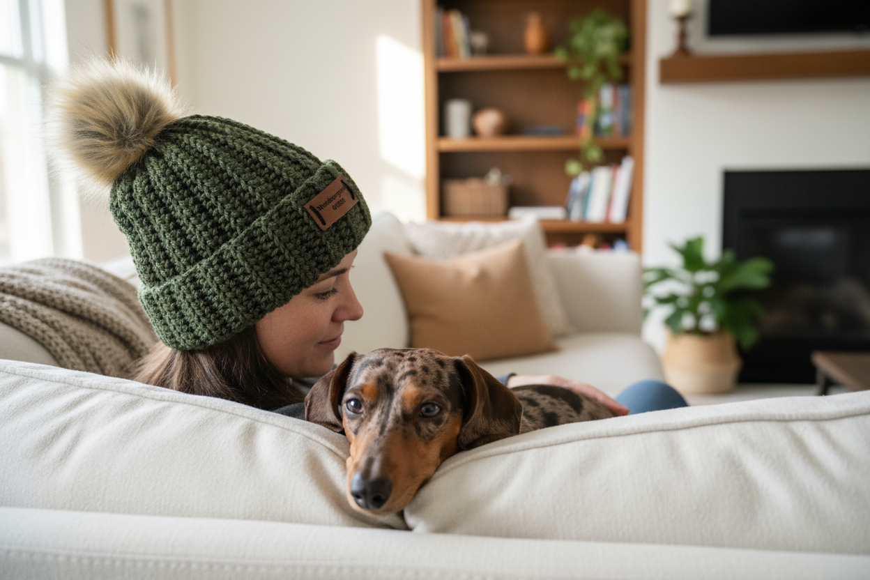 Dark olive NBPT beanie adult on couch with dapple dachshund