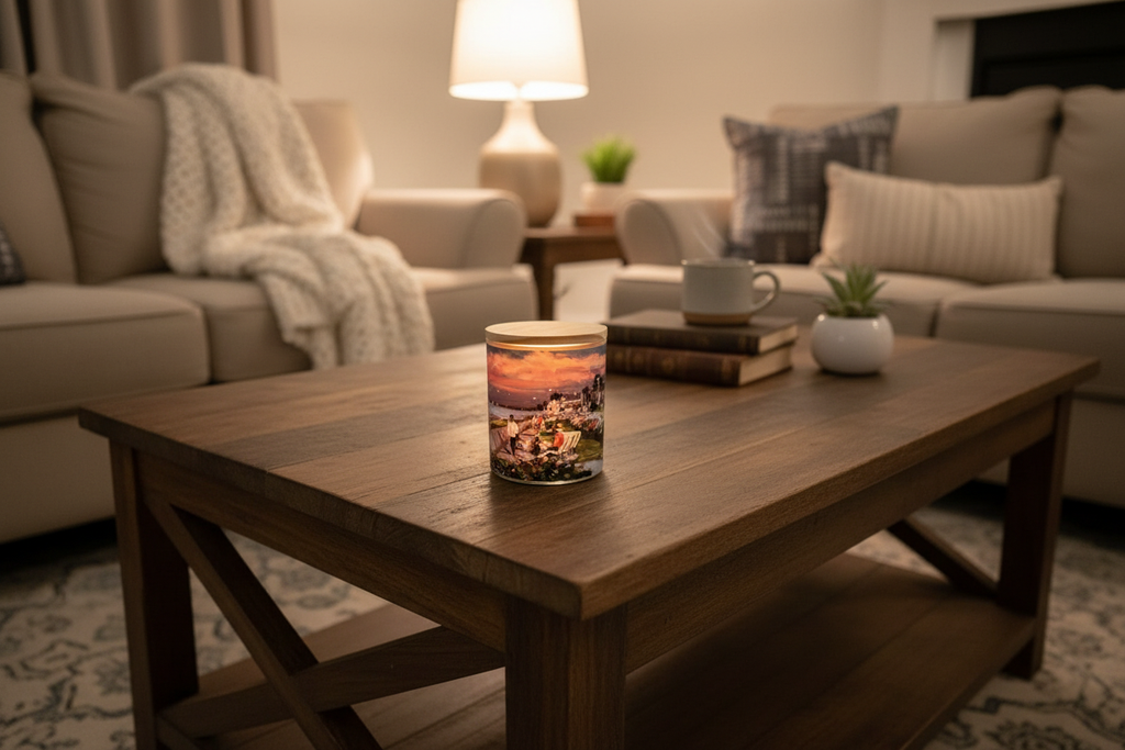 Joppa Park candle on coffee table in living room