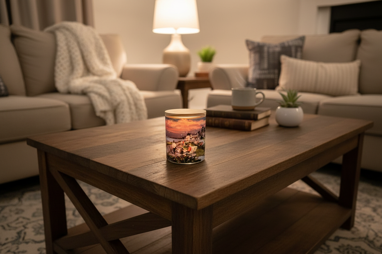 Joppa Park candle on coffee table in living room