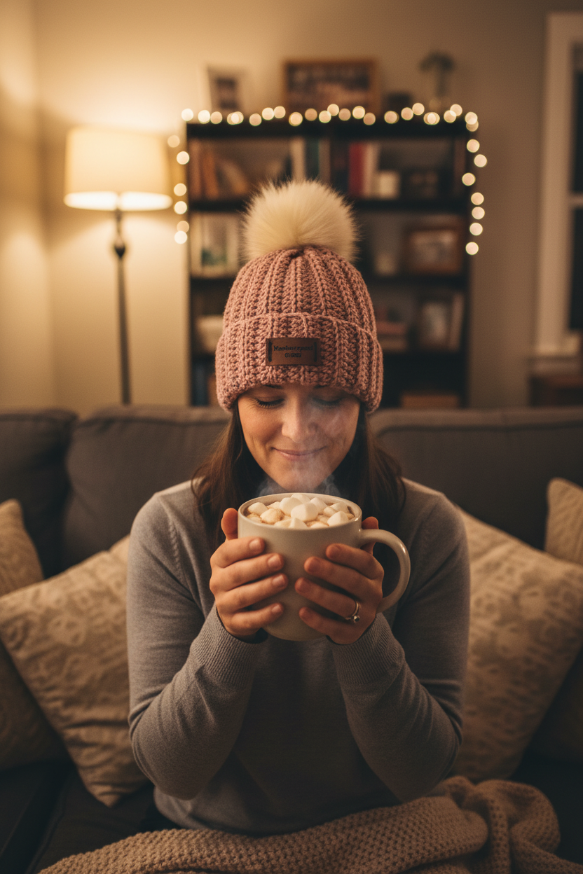 Light pink NBPT beanie adult on couch with hot chocolate