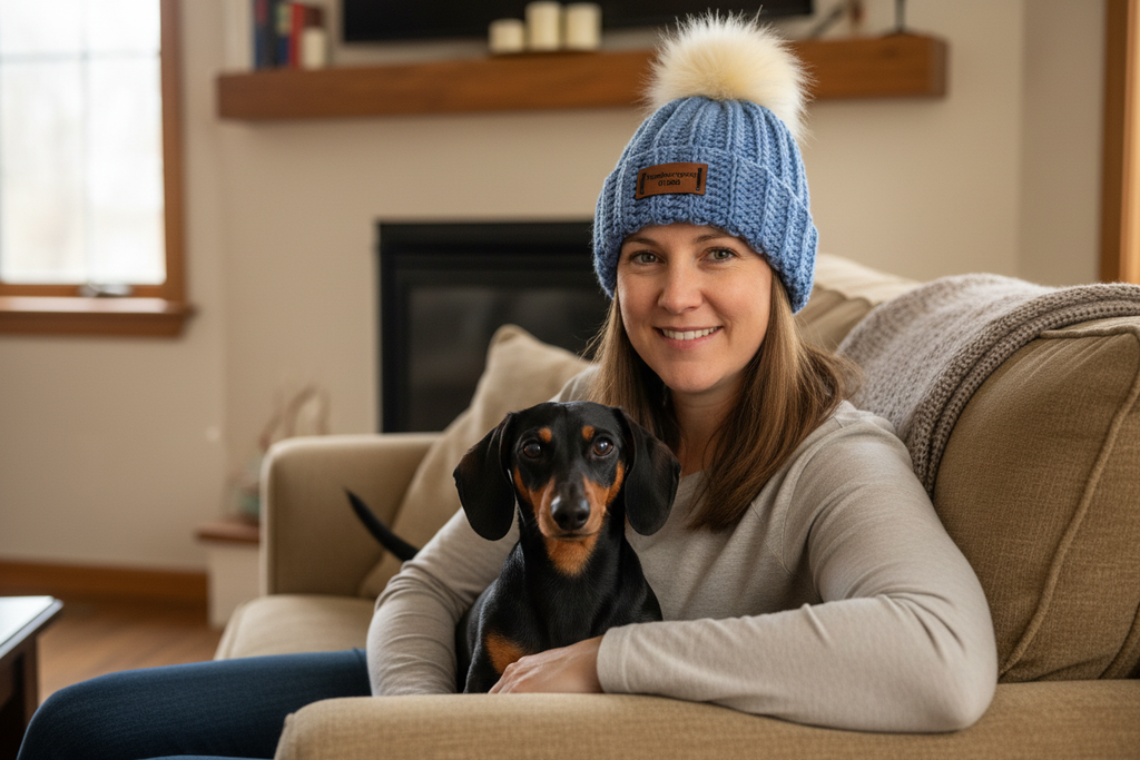 Newburyport beanie adult on tan couch with dachshund