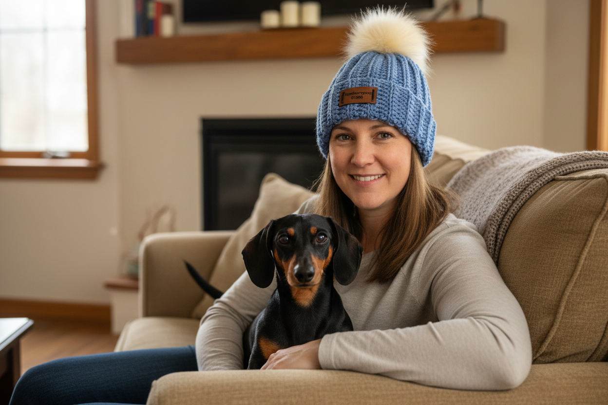 Newburyport beanie adult on tan couch with dachshund