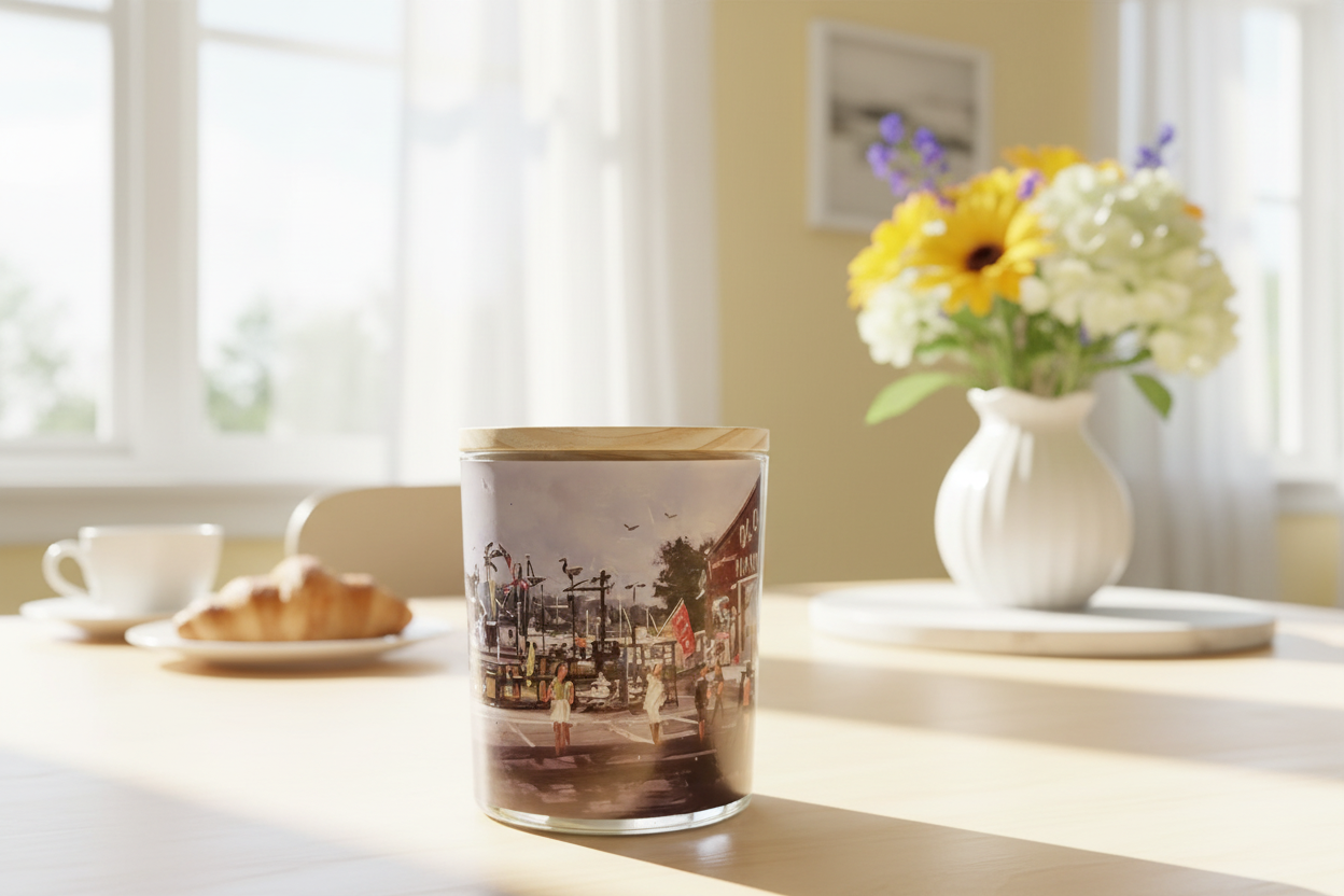Oldies candle on kitchen table with bright cheery background