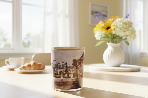 Oldies candle on kitchen table with bright cheery background