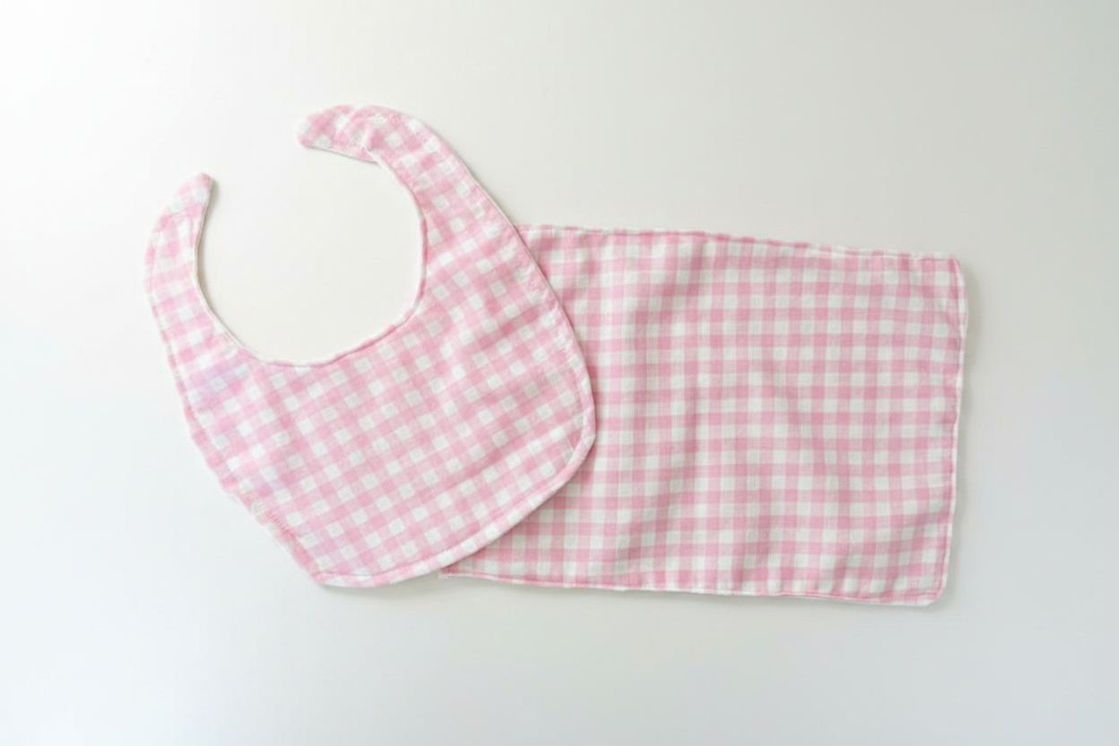 Pink Gingham Bib and Burp Cloth Set