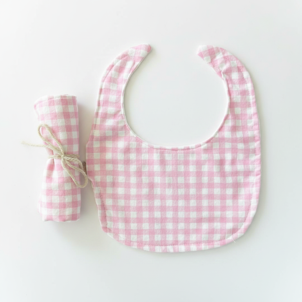 Pink Gingham Bib and Rolled Burp Cloth Set