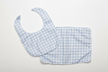 Professional flat lay of light blue gingham bib and burp cloth set