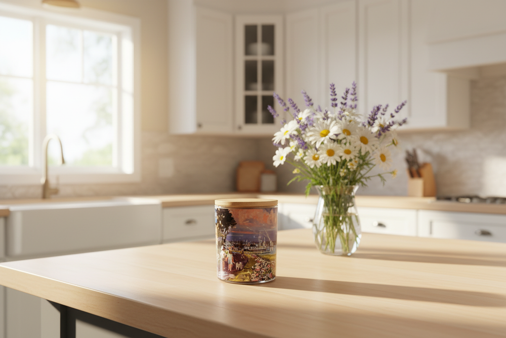 Rail Trail candle in bright kitchen