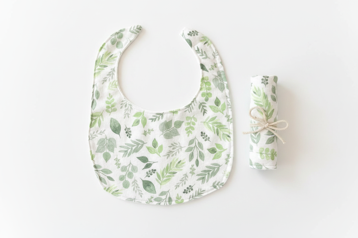 Sage Floral Bib with Rolled Burp Cloth