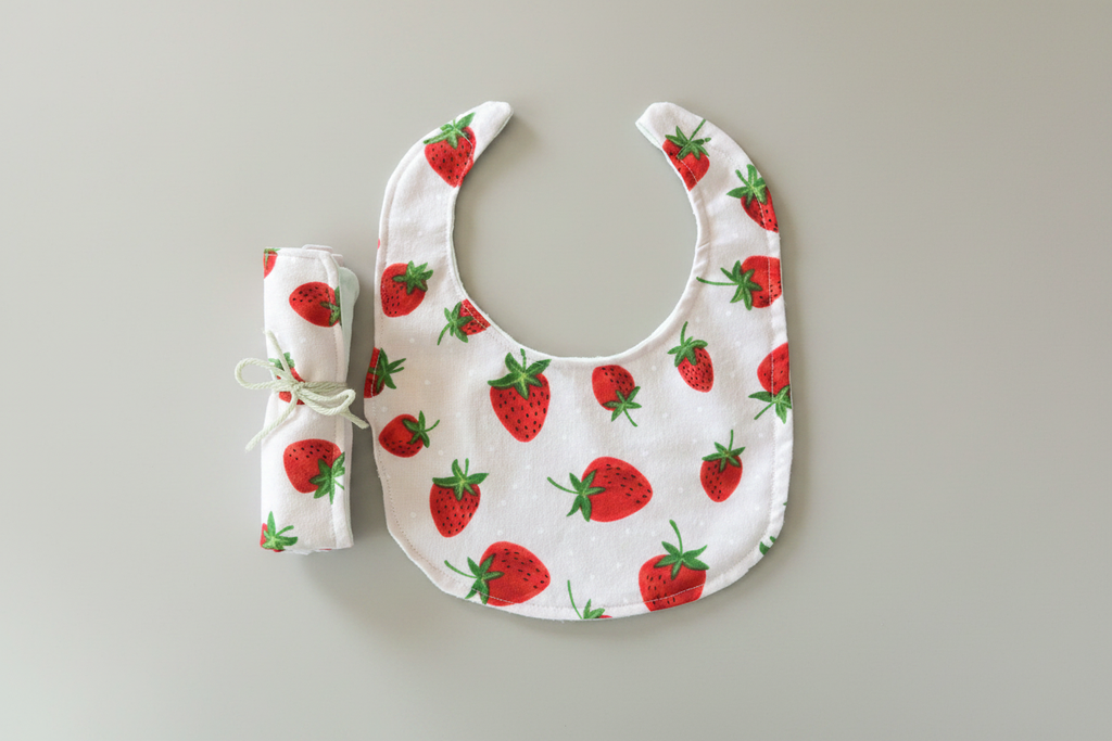 Strawberry Bib with Rolled Burp Cloth - Gray