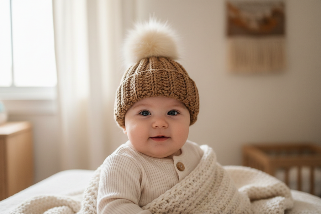 Toasted almond beanie on clothed baby