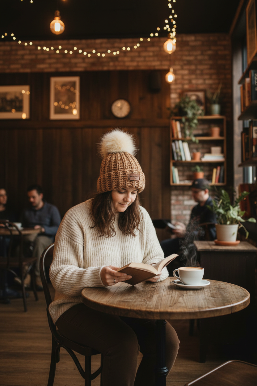 Toasted almond NBPT beanie woman at cafe reading book