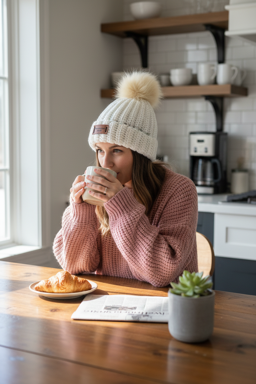 White NBPT beanie woman at kitchen table with coffee and pink sweater